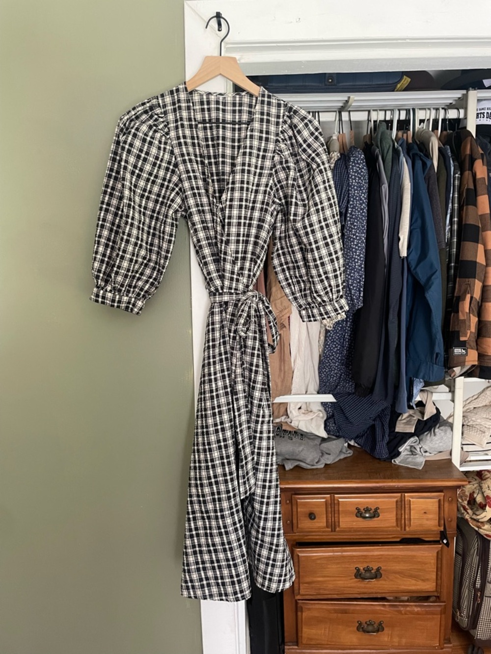 Universal Thread Black & White Plaid Wrap Midi Dress with Puff Sleeves